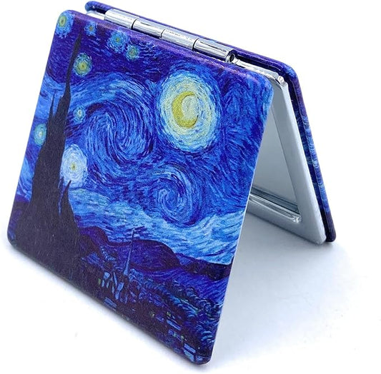 Compact Mirror Square Starry Night Van Gogh Pocket Mirror for Men Small Travel Mirror Magnifying Purse Mirror Compact with Art Print