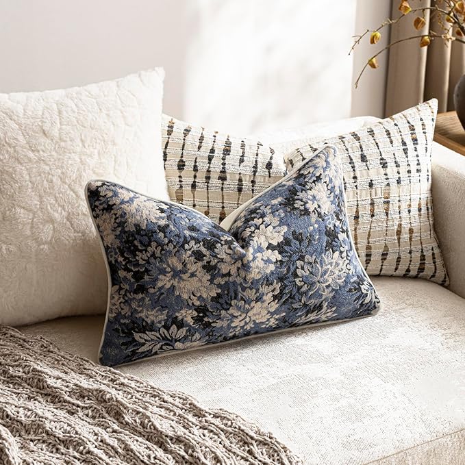 DEZENE Pack of 2 Vintage Floral Pillow Covers 12x20 Boho Farmhouse Accents Chenille Rectangular Lumbar Decorative Throw Pillow Cases for Living Room Couch Bed Home Decor, Dusty Blue