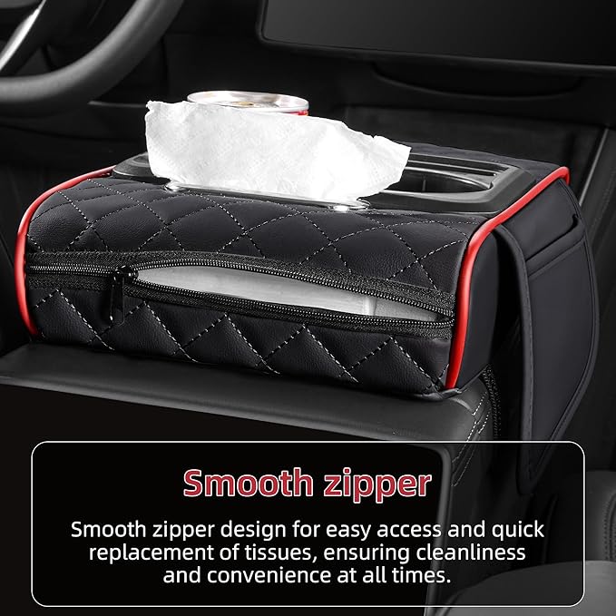5 in 1 Car Center Console Cover, Armrest Pad with 2 Storage Pockets, Cup Holder, Tissue Slot, Phone Holder, Nappa Leather Memory Foam Car Accessories for SUV Sedan Truck (Black Red Stitch)