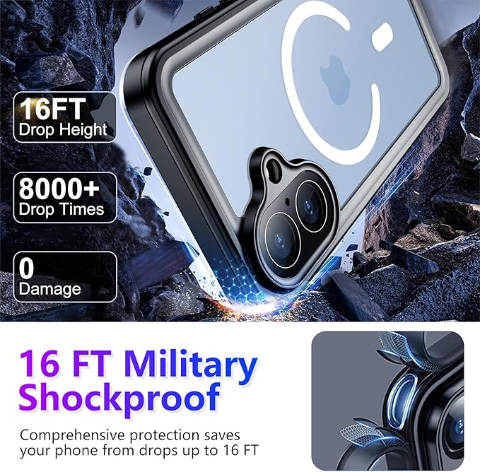Magnetic Compatible with iPhone 17 Case,Waterproof Built-in Screen & Camera Protector IP68 Underwater Full Body 17FT Military Dropproof Shockproof Phone Case 6.3"-Mag/Blue