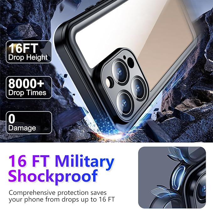 Compatible with iPhone 16 Pro Max Case Waterproof, Built-in Screen & Camera Protector IP68 Underwater Full Body 16FT Military Dropproof Shockproof Phone Case 6.9"-Purple/Clear