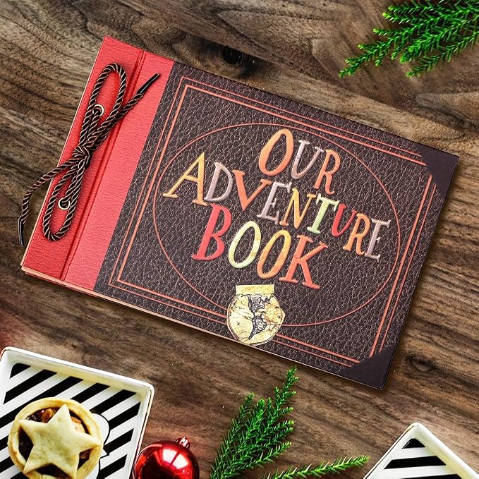 Our Adventure Book Handcrafted 11.92 x 7.62" Leather-Bound Scrapbook with 80 Pages, Embossed Lettering, Inspired by 'Up', Ideal for Photos, Weddings&Travel Memories Gift Box Included (Handmade Book)