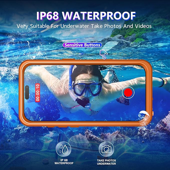 Compatible with iPhone 17 Pro Case,Waterproof Built-in Screen & Camera Protector IP68 Underwater Full Body 17FT Military Dropproof Shockproof Phone Case 6.3"-Orange/Clear