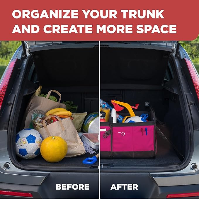 TRUNKCRATEPRO Pink Car Accessories For Women, Trunk Organizer For Car, Suv, Jeep Premium Adjustable Multi Compartments Collapsible (Large Capacity)