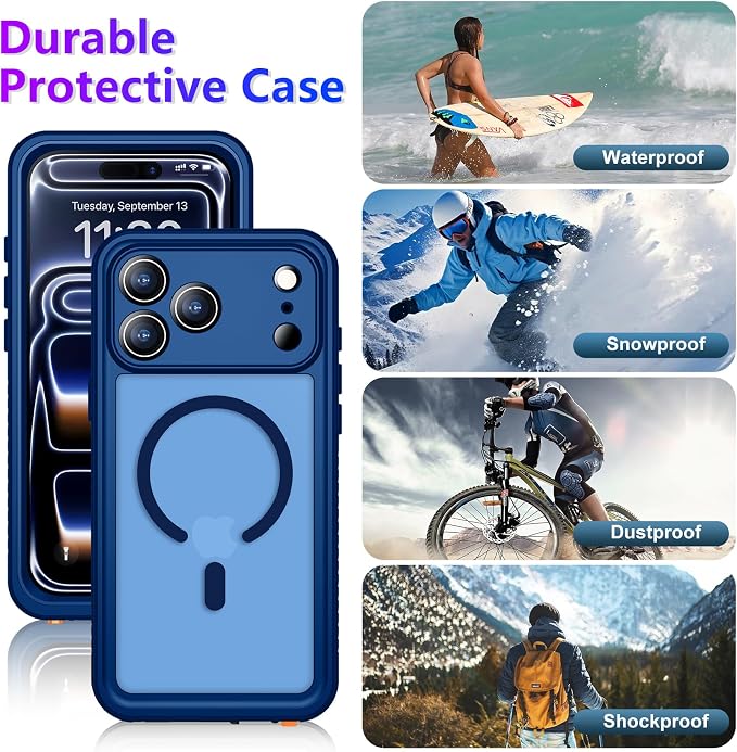 Magnetic Compatible with iPhone 17 Pro Max Case,Waterproof Built-in Screen & Camera Protector IP68 Underwater Full Body Military Dropproof Translucent Matte Phone Case 6.9"-Mag/Blue