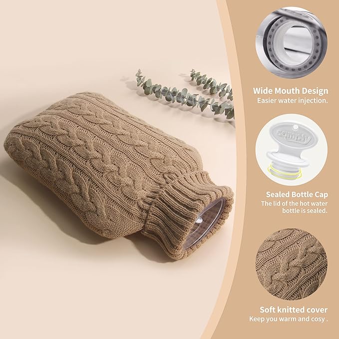 samply Hot Water Bottle with Knitted Cover, 2L Hot Water Bag for Hot and Cold Compress, Hand Feet Warmer, Ideal for Menstrual Cramps, Neck and Shoulder Pain Relief, Khaki