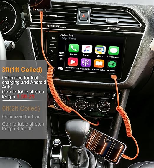 Coiled USB A to USB C Cable for Car [3FT+6FT], USB to USB C Cable Fast Charging 60W, USB Type C Cable iPhone Charger USBC Cord for iPhone 17/16/15/Pro Max/Plus/Samsung Galaxy S26/S25/Ultra-Orange