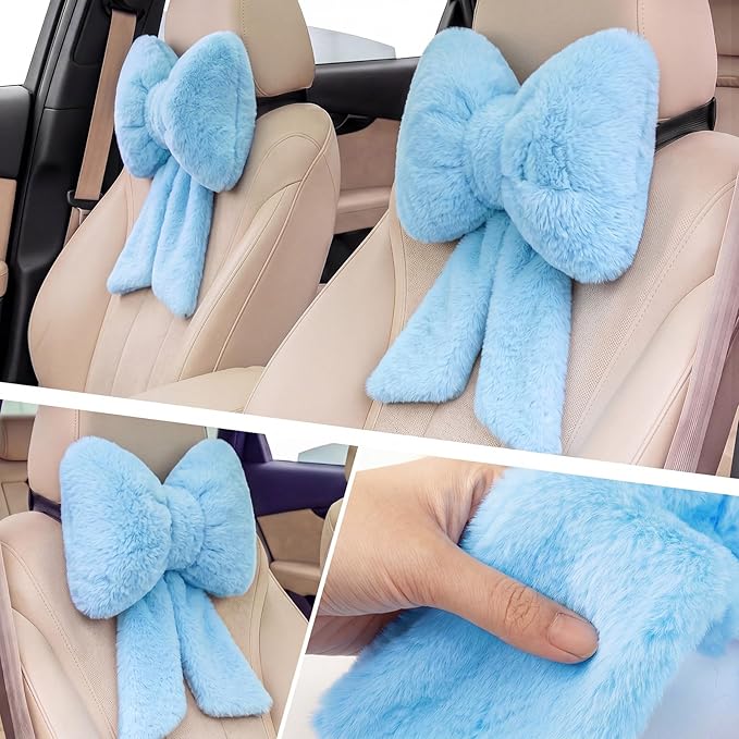 Macarrie 2 Pcs Car Neck Pillow Plush Butterfly Bow Car Headrest Pillow Comfortable Seat Neck Support Cute Head Rest Accessories for Driving Travel Driver Chair Girl Interior Decor (Blue,Solid)