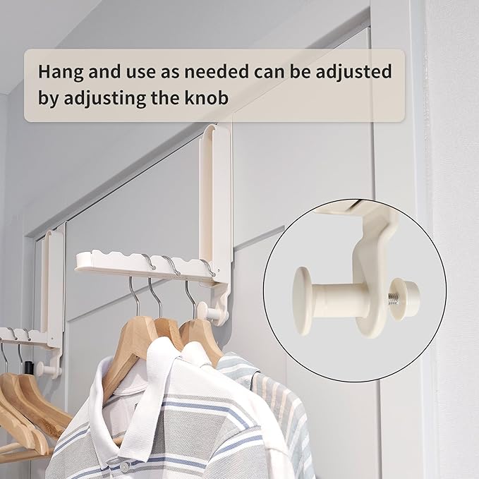RFOUO Over The Door Hooks Hanger Fit Door up to 1 3/4" Optimal 1pc,Over The Door Hanger with Retractable Rod,Foldable Over The Door Drying Rack for Laundry Bathroom Bedroom (Milky White, 1 Pack)