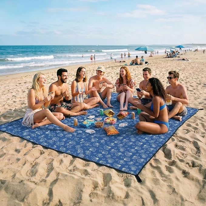 OIGAE Oversized Beach Blanket, 9×10 ft Sand-Free Outdoor Mat for Groups, Quick-Dry Picnic Blanket with Stakes & Corner Pockets,Shell, Blue