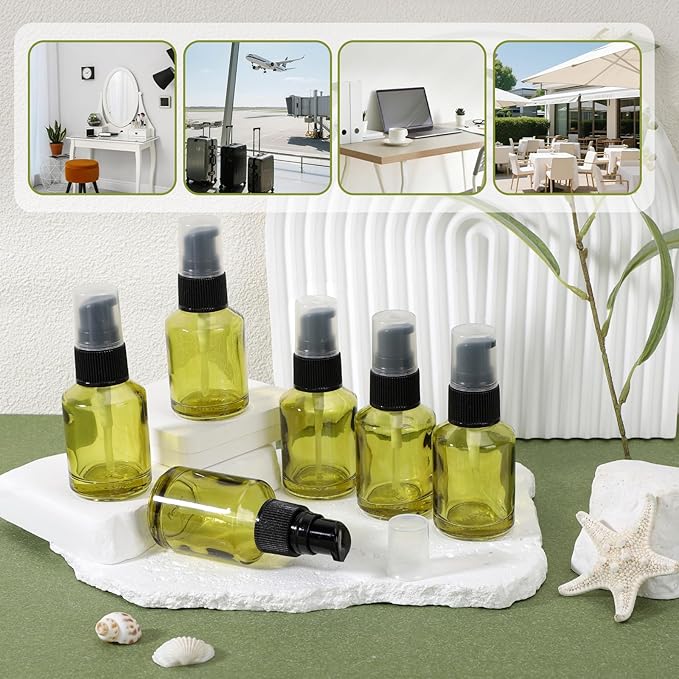 Segbeauty 18pcs 1oz Glass Empty Travel Size Bottles for Creams, Refillable Lotion Pump Bottle Dispenser, 30ml Liquid Travel Containers, Green Mini Lotion Container Foundation Cosmetics Pump Dispensers