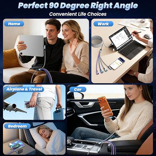 90 Degree Phone Charger, 4 in 2 Multi Charging Cable, USB C CarPlay Cord Charger Cables with Dual Type-C, Micro USB, IP Port, Nylon USBC Cord Right Angle Compatible with Phone17/16/15, Android, 5FT