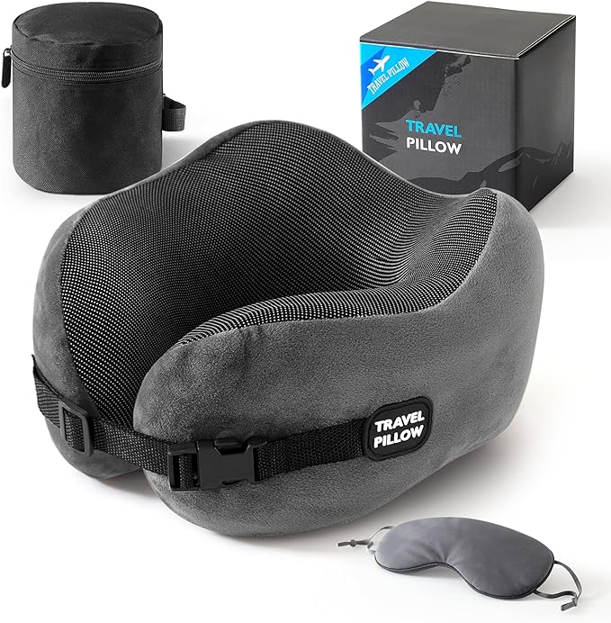 Neck Pillow Travel Pillow - 100% Pure Memory Foam Airplane Pillow with Adjustable Clasp & Removable Cover, Portable Travel Essentials for Long Flights, Car & Office (Dark Gray, with Eye Mask)