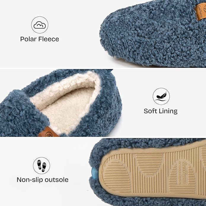 EverFoams Women’s Soft Curly Full Slippers Memory Foam Lightweight House Shoes Cozy Loafer with Polar Fleece Lining