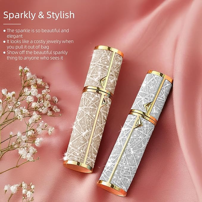 Perfume Travel Refillable Bottle, Cologne Portable Atomizer Fragrance Scent Sprayer with Sparkling Brilliantly, Pump Fill from Bottom Pocket Size 5ml for Travel Essentials & Best Gift(Silver)