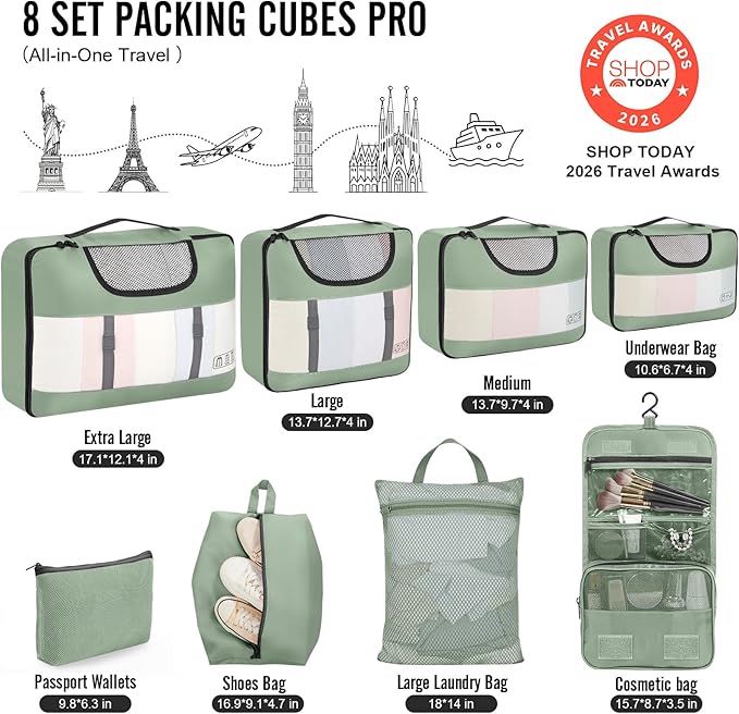 Veken 8 Set Packing Cubes for Travel Essentials,Anti-Wrinkle Buckled Suitcase Organizer for Shoe & Toiletry Bag,Carry On Luggage Bag for Airplane & College Dorm Room Accessories,Women Men Gifts