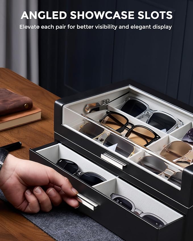 ProCase 12 Slots Sunglasses Box Organizer with L-Shaped Clear Lid, Multiple Pairs Glasses Display Holder Eyewear Eyeglass Eye Glass Storage with Drawer for Men -Black