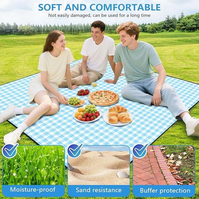 OBTANIM Extra Large Picnic Blanket 80 x 80 Inch Waterproof Foldable Beach Blankets Outdoor Picnic Mat for Camping Grass Lawn Park Music Festival Party Accessories (Blue and White)