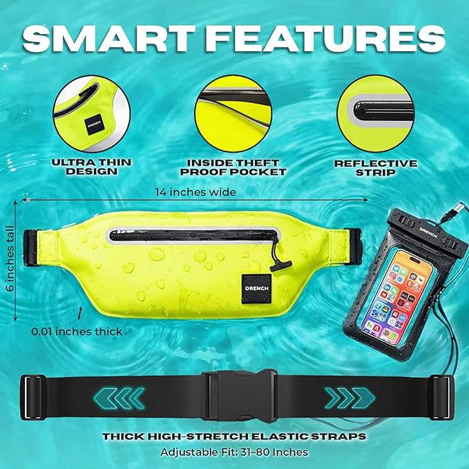 Drench Waterproof Fanny Pack & Waterproof Phone Case | IPX8 Dry Bag Waist Pack for Festivals, Raves, Jouvert, Pool Parties, Beach Travel & Outdoor Adventures | Neon Yellow