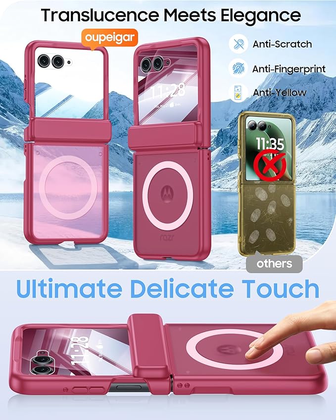 Magnetic for Motorola Razr+ Plus 2026,Razr+ 2025/2024 Case,Hinge Protection, Screen Protector, Compatible with MagSafe, Translucent Frosted, Shockproof Cover for Razr+ 2026/2025/2024-Rose Red