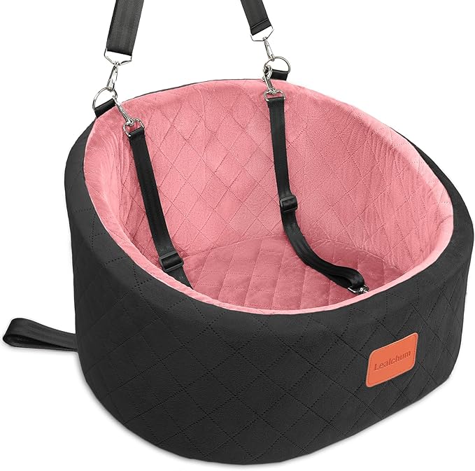 Lealchum Dog Car Seat for Small Dogs Up to 30 Lbs,Ultra Soft Fabric Fill in Comfy Memory Foam,Happy Pet Ride,2 Safety Dog Leashes,Fully Detachable and Washable,Anti Slip Base (Black/Pink, Small)