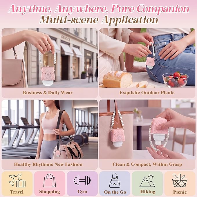 Saillong Cute Hand Sanitizer Holder, Pink Mini Handbag with Pearl Chain, Silicone Holder Compatible with Bath & Body Works PocketBac, Purse Style Body Work Sanitizer Holders
