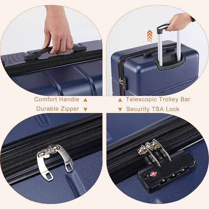Sweetcrispy 29 Inch Carry On Luggage, ABS Hard Shell Lightweight Rolling Suitcase with Smooth Spinner Wheels and Built-in TSA Lock, Travel Suitcase for Business and Holiday Trips, Navy Blue