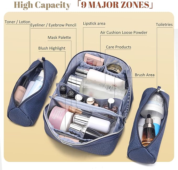 BOYATU Travel Makeup Bags for Women: Vintage Roman Column Texture Large Capacity Cosmetic Bag - Each Journey, Quiet Luxury Serenity - 3 Pcs Set Organizer Toiletry Purse 50% Extra Storage(Indigo)