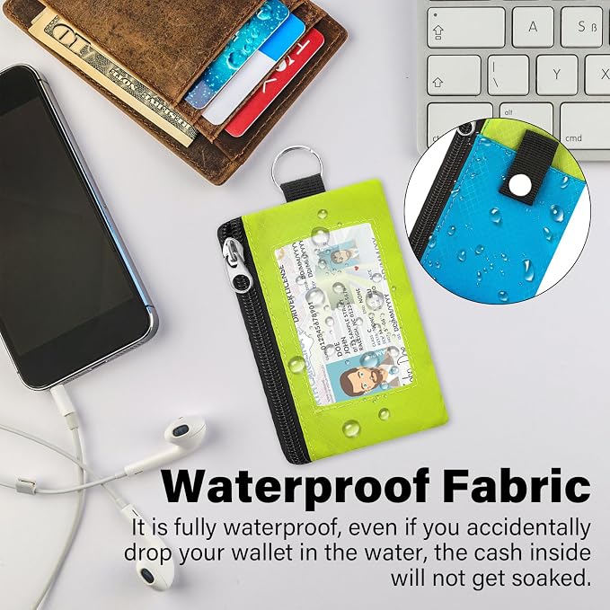 Minimalist RFID Wallet with Lanyard, Multi-Functional ID Case with 2 Zipper Pockets and Key Chain for Men and Women, Tactical Badge Pouch Cards Holder, Coin Purse for Travel Sports-BU+GN
