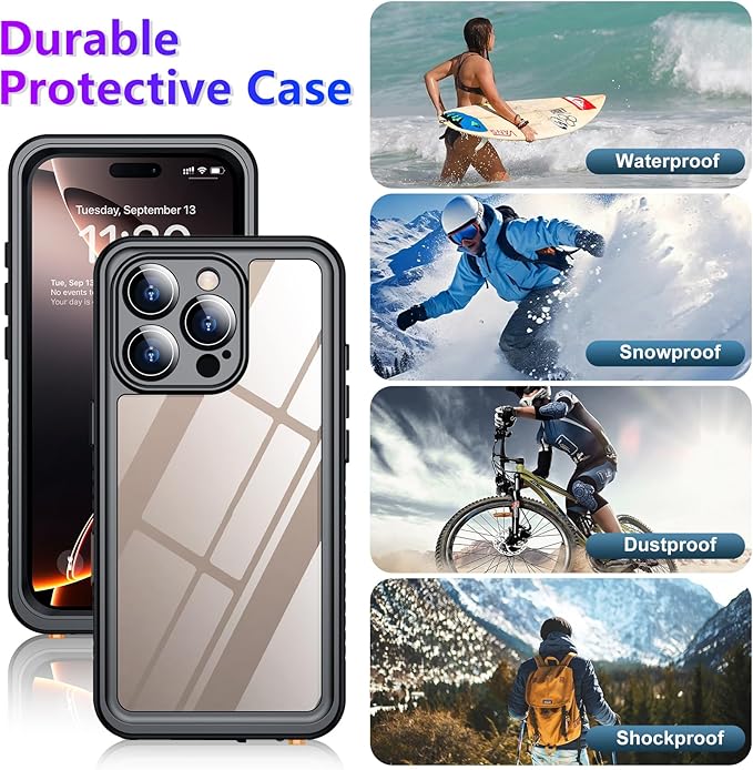 Compatible with iPhone 16 Pro Max Case Waterproof, Built-in Screen & Camera Protector IP68 Underwater Full Body 16FT Military Dropproof Shockproof Phone Case 6.9"-Black/Clear