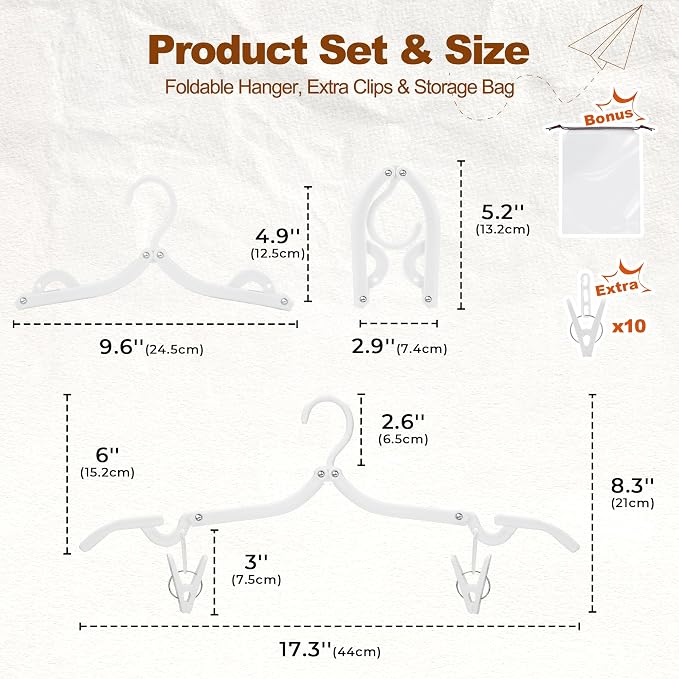 HOUSE DAY 10 Pack Travel Hangers with Clips, Cruise Essentials 2026, White Foldable Hangers for Pants Skirt, Lightweight Portable Collapsible Clothes Hangers Space Saving Set for Hotel, RV, Dorm