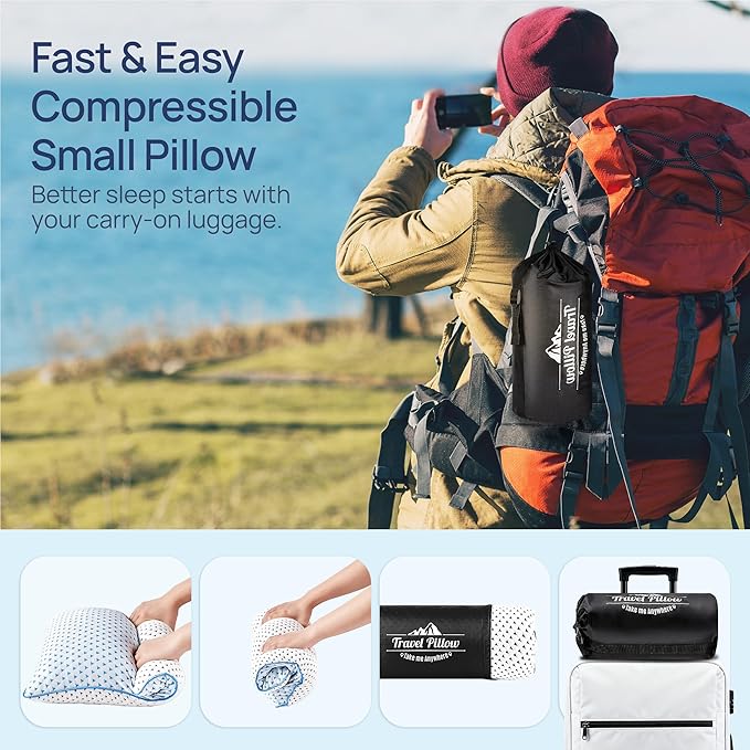 Small Cooling Memory Foam Pillow for Travel & Camping, Compressible Original Adjustable Pillow for Medium Firm Neck Knee Lumbar Support, Washable CertiPUR-US, Ideal Sleeping, Car, Airplane,Backpacking