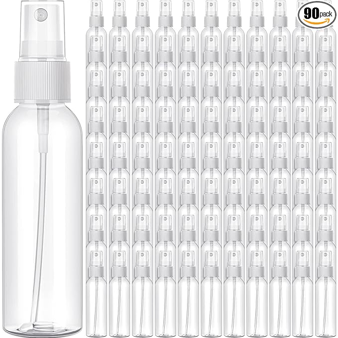 Nuogo 90 Pack 4 Oz Plastic Mini Spray Bottles Reusable Travel Size Perfume Refillable Mist Sprayer Empty Bottle for Essential Oil(Clear)