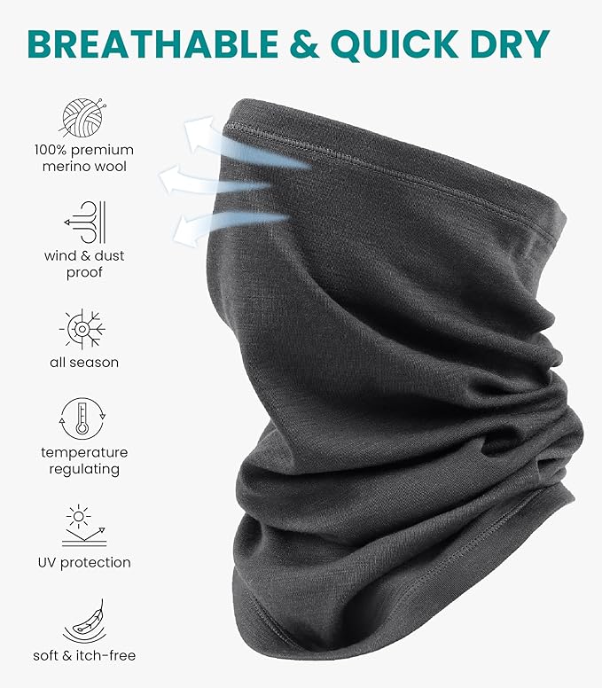 Merino.tech Merino Wool Ski Neck Gaiter - Face Mask Neck Warmer for Men & Women
