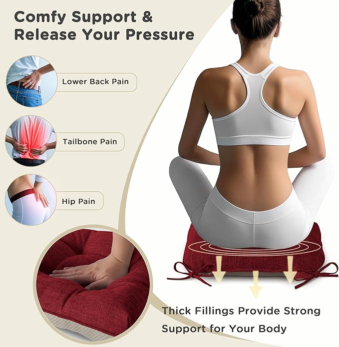 AddGrace Chair Cushions for Dining Chairs Set of 1 Kitchen Seat Cushions with Ties and Non Slip Backing Tufted Indoor Seat Pad for Kitchen Dining Room 18" x 17" x 3" Burgundy