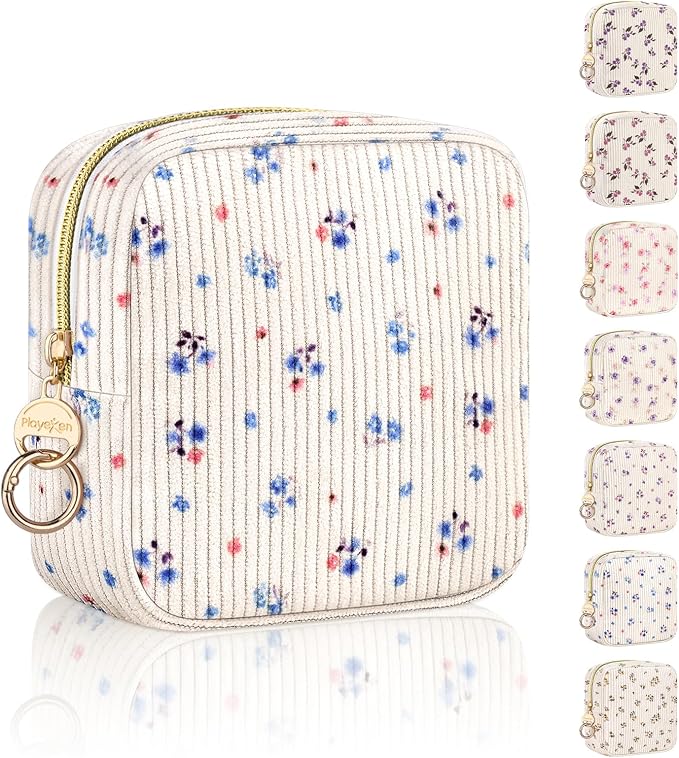 Floral Period Bag, Small Period Pouches for Teen Girls, Corduroy Sanitary Napkin Storage Bag, Compact Discreet Pad and Tampon Holder for Purse (Floral-Mini Blue)