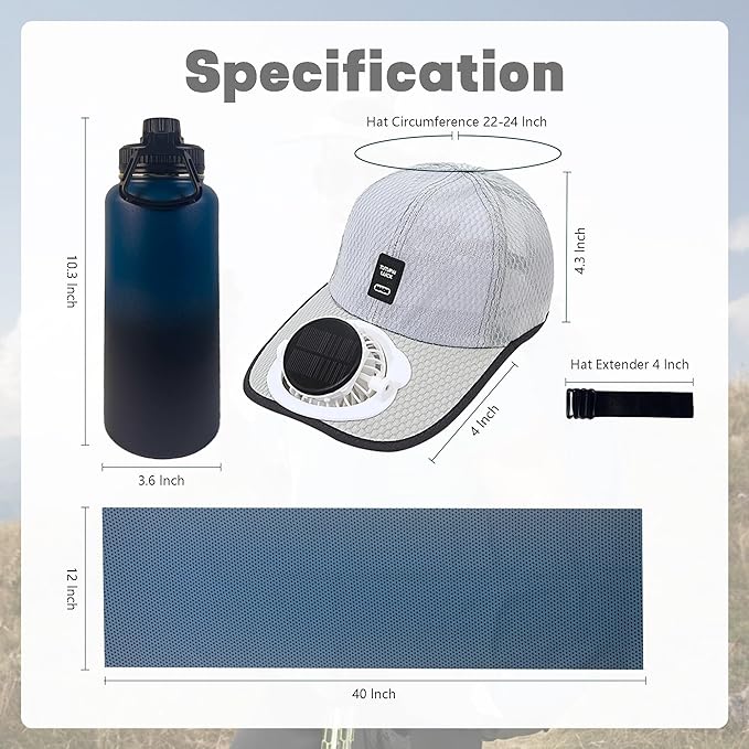 3-Piece Cooling Set for Summer Sports & Game Day, Solar Fan Hat, Insulated Water Bottle, Instant Cooling Towels, Soccer Events, Stadium, Travel, Outdoor Work Essentials