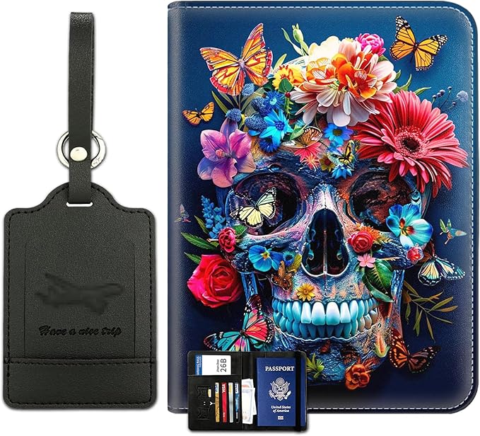Passport Wallet, Passport Holder with RFID Blocking and Luggage Tag, Waterproof PU Leather Travel Documents Organizer Case, Passport Covers with Card Slot for Women & Men, Flower Butterfly Skull
