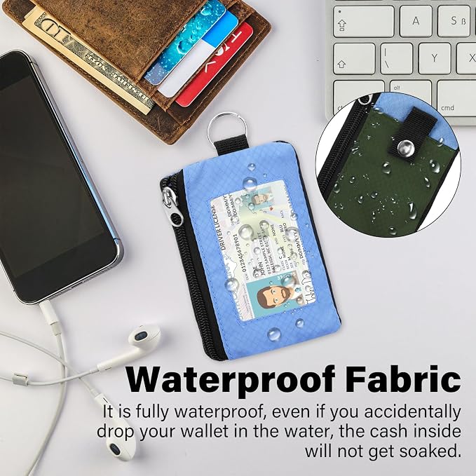 Minimalist RFID Wallet with Lanyard, Multi-Functional ID Case with 2 Zipper Pockets and Key Chain for Men and Women, Tactical Badge Pouch Cards Holder, Coin Purse for Travel Sports - Green&Blue