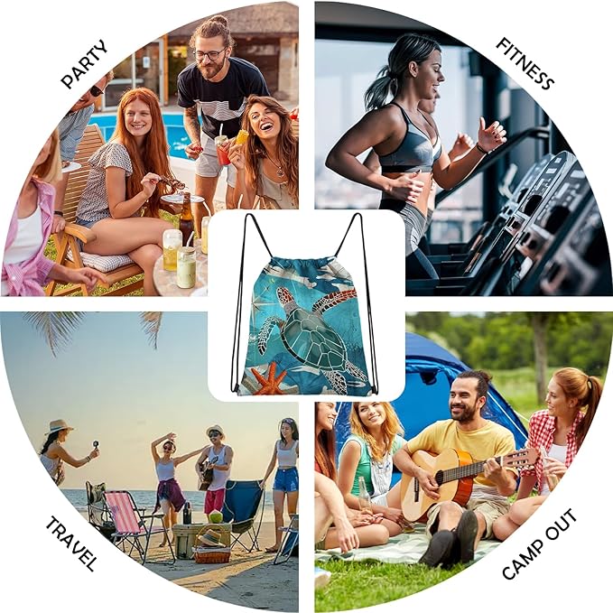 Drawstring Backpack Draw String Sports Bags for Gym Travel Beach Waterproof Cute Sackpack Men Women Aesthetic (13"×17")-Sea Turtle