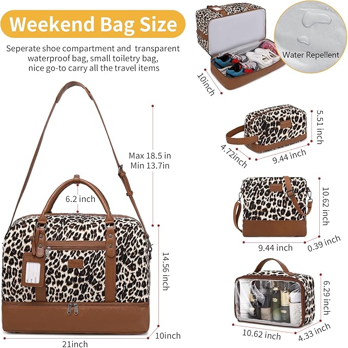 Wogarl 4PCS Weekender Bags for Women Large Overnight Weekend Travel Duffel Carry on Shoulder with Shoe Compartment Canvas Toiletry Bag for Travel Business Gym