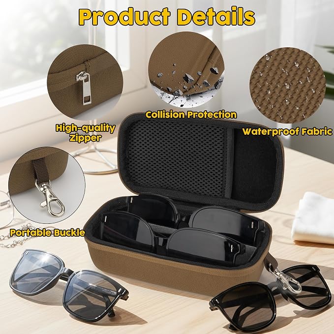 Double Eyeglasses Case,Hard Shell Glasses Case Travel Sunglasses Organizer with Adjustable Slot & Clip for Men Women