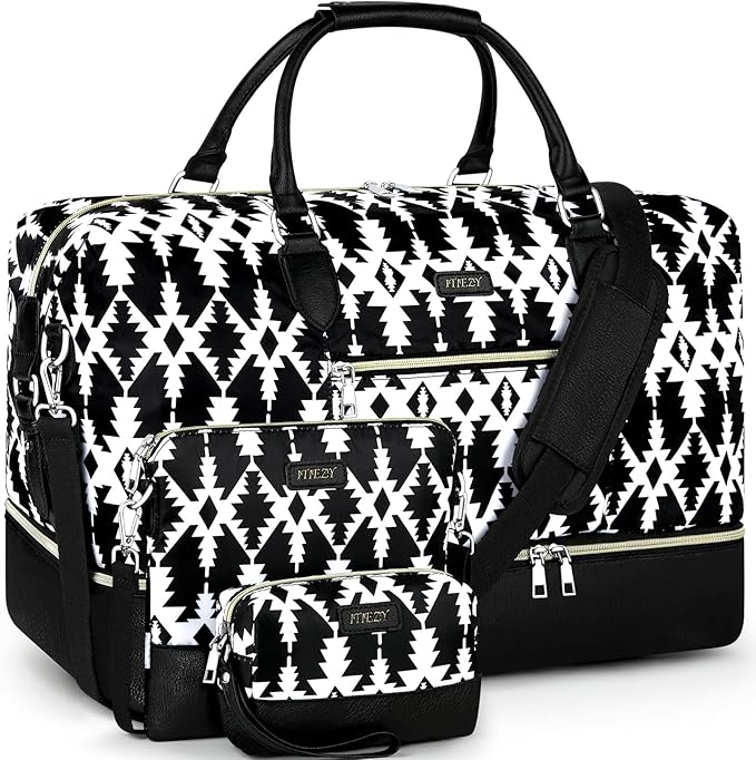 ITIEZY Weekender Overnight Bag for Women - Large Travel Duffel Bag with Shoe Compartment, Gym Duffel Bag Hospital Bag Carry On Tote Bags for Airplanes with Crossbody Bag Toiletry Bag 3Pcs Set