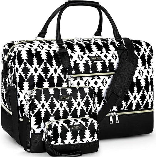 ITIEZY Weekender Overnight Bag for Women - Large Travel Duffel Bag with Shoe Compartment, Gym Duffel Bag Hospital Bag Carry On Tote Bags for Airplanes with Crossbody Bag Toiletry Bag 3Pcs Set