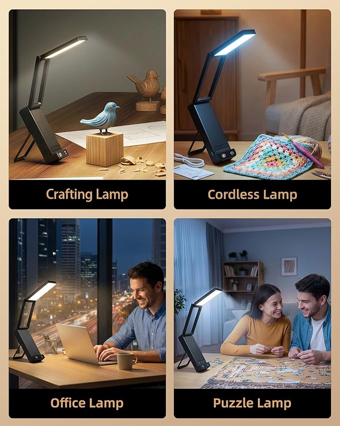 EZVALO LED Rechargeable Desk Lamp, 6000mAh Battery Operated Light, Cordless Table Lamp for Book Reading, Foldable Mini Lamp & Portable, 3 Color Dimmable Small Wireless Reading Lamp, Black