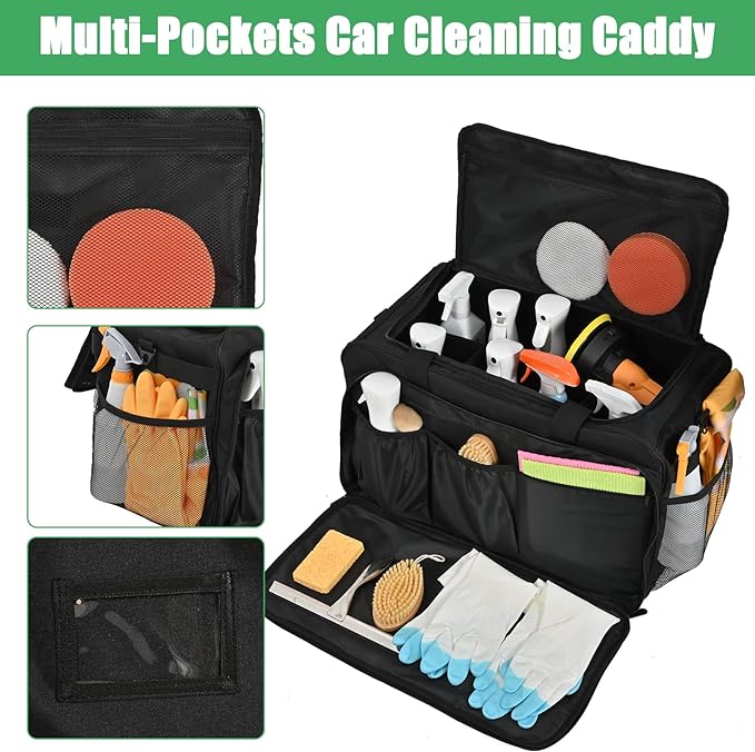 Extra Large Car Detailing Bag, Cleaning Caddy with Lid and Handle for Auto Detailing Supplies, Car Cleaning Storage Trunk Organizer for Polisher and Vehicle Wash Tools, Black