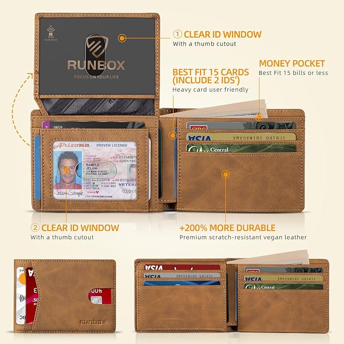RUNBOX Wallet for Men -Slim Rfid Leather Mens Bifold Novelty Wallets 2 ID Window With Gift Box Men's Accessories | Slim