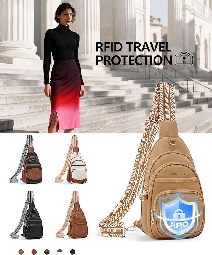 Anti Theft Crossbody Bags for Women, RFID Vegan Leather Sling Purse for Travel, Chest Bag, Cross Body Purses & Fanny Packs(Camel)