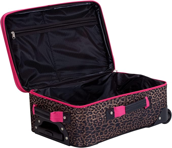 Rockland Fashion Softside 4 Piece Luggage Set, Expandable, (14" Tote/19"/24"/28"), Pink Leopard