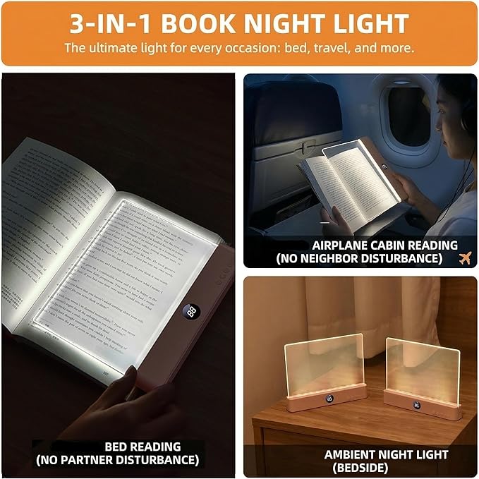 Book Light for Reading in Bed at Night, Rechargeable Flat Book Light with 3 Color Modes & Timer, Dimmable Full Page Light, Clear LED Page Reading Light for Travel(Pink)